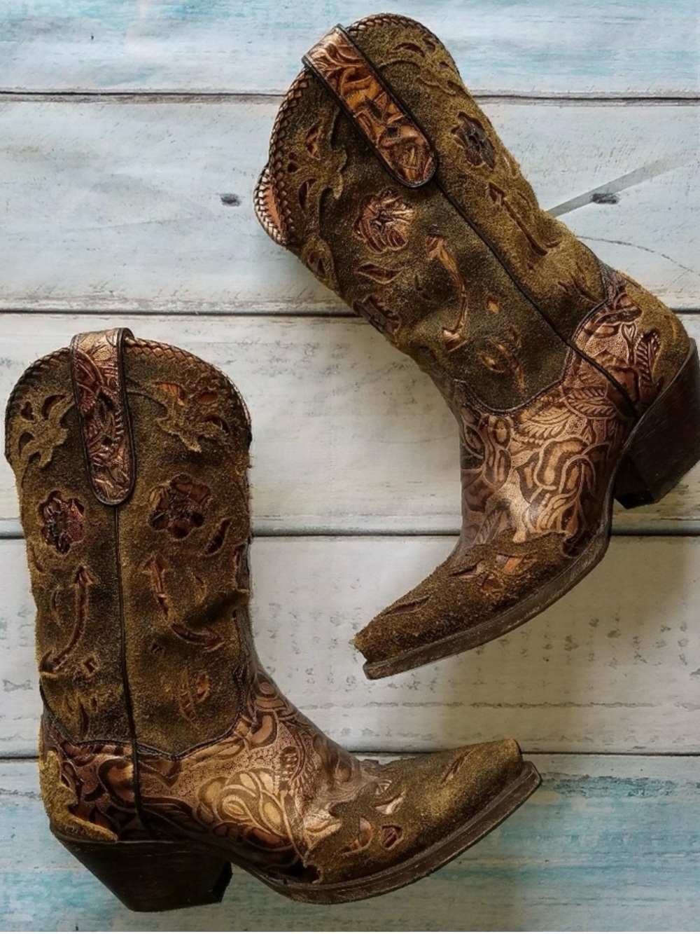 Dan Post Olive and Brown Tooled Western Heeled Boots